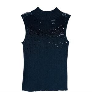 Objects D’Art black sequins beaded mesh mock neck knit to medium
